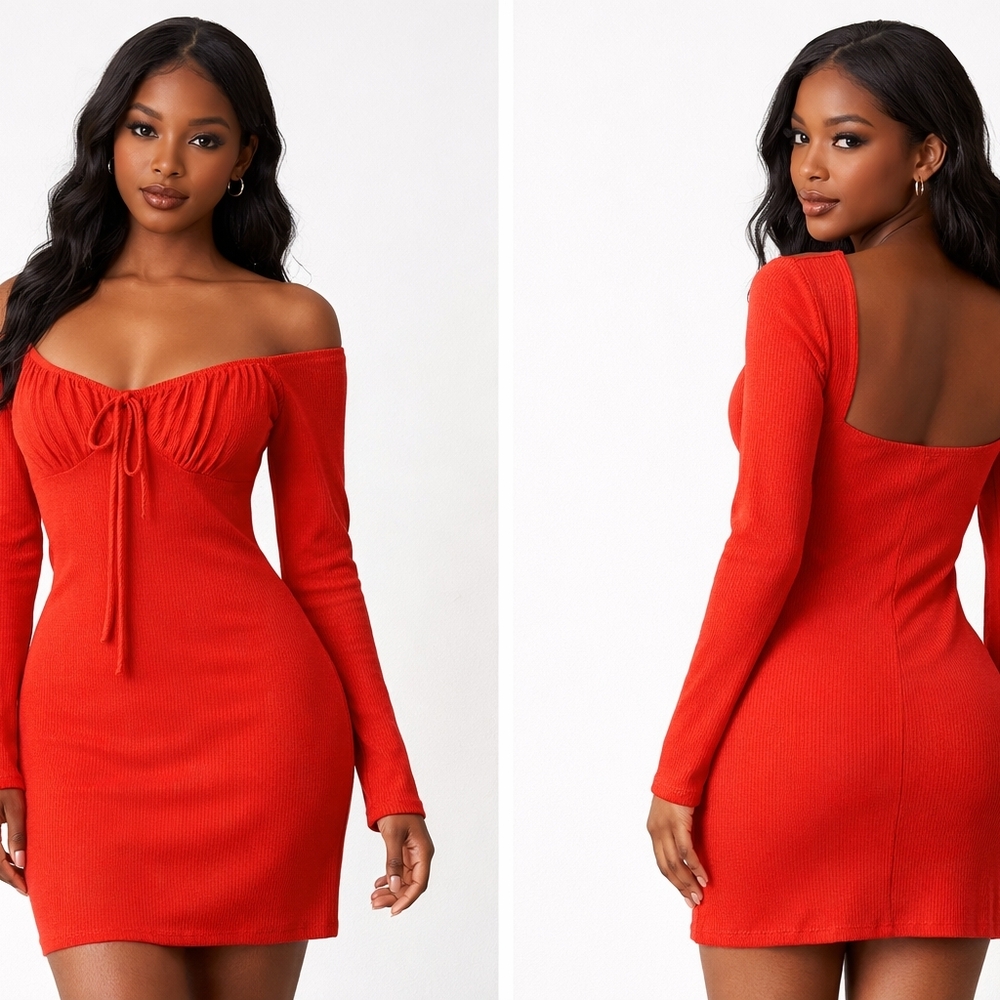 Forever 21 Off-Shoulder Red Long Sleeve Bodycon Dress